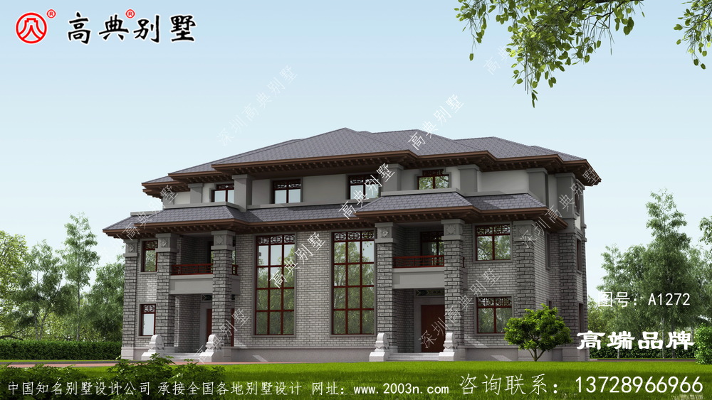 中式别墅外观图，实用的户型深入人心